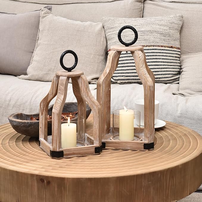 SWALLOWLIVING Rustic Farmhouse Wood Candle Hurricane Lantern with Glass Candlestick Holder for Patio, Table Centerpiece, White Wash, Set of 2