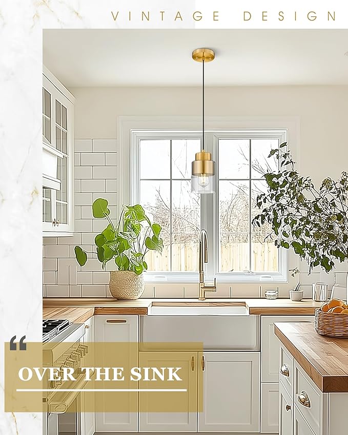 2-Pack Pendant Lights Kitchen Island, Brushed Gold Dual Shade Hanging Lights Fixtures with Metal and Clear Glass, Brass Kitchen Pendant Lighting Over Island for Dining Room, AD-24022-1P2-GD