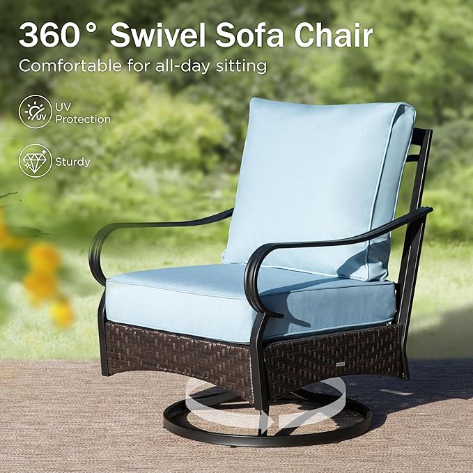 PHI VILLA Outdoor Modern Patio Furniture Set, Upgraded Wicker&Metal Patio Furniture Conversation Set with Waterproof Thick Cushions for Porch, Poolside, Deck, and Yard (5 Pieces,Blue)