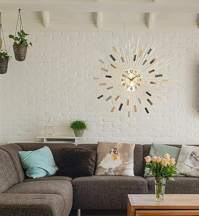 Wall Clock 23.6 Inch Large - Gold Starburst Sunburst Design, Mid Century Modern Metal Battery Operated Silent Decorative Clock for Living Room Bedroom Office