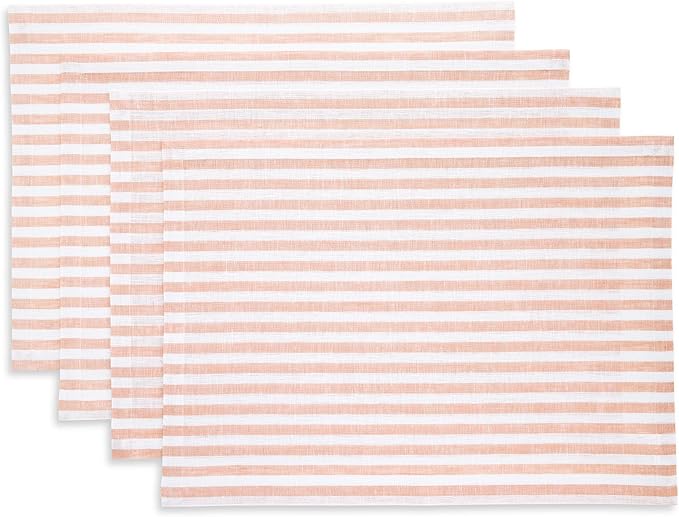 Solino Home Linen Cloth Placemats Set of 4 - Amalfi Stripe 100% Pure Linen Coral and White Farmhouse Placemats 14 x 19 Inch
