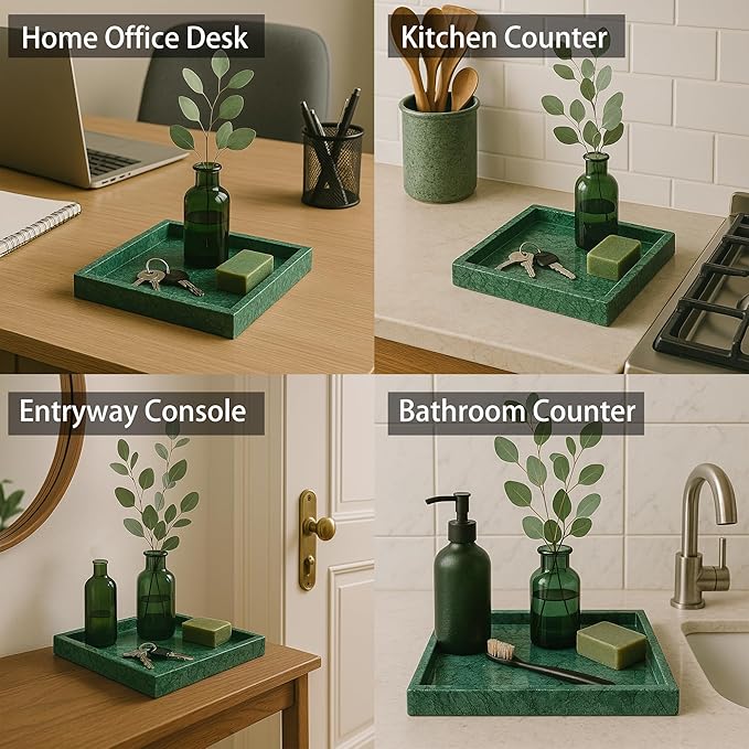 8x8 Natural Marble Vanity Tray: Polished Luxury Square Organizer for Bathroom Kitchen Dresser Makeup Jewelry Coffee Table Home Decor, Dark Green