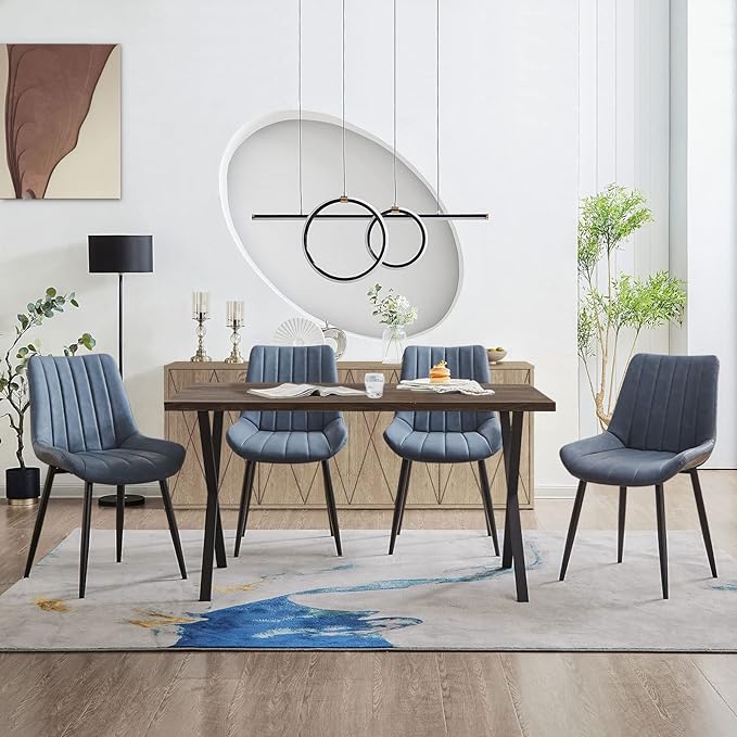TUKAILAi Faux Leather Dining Chairs Set of 4, Modern Linear Design Kitchen Chairs with Upholstered Seat and Metal Legs, Comfortable Side Chairs for Dining Room Restaurant Commercial (Blue)