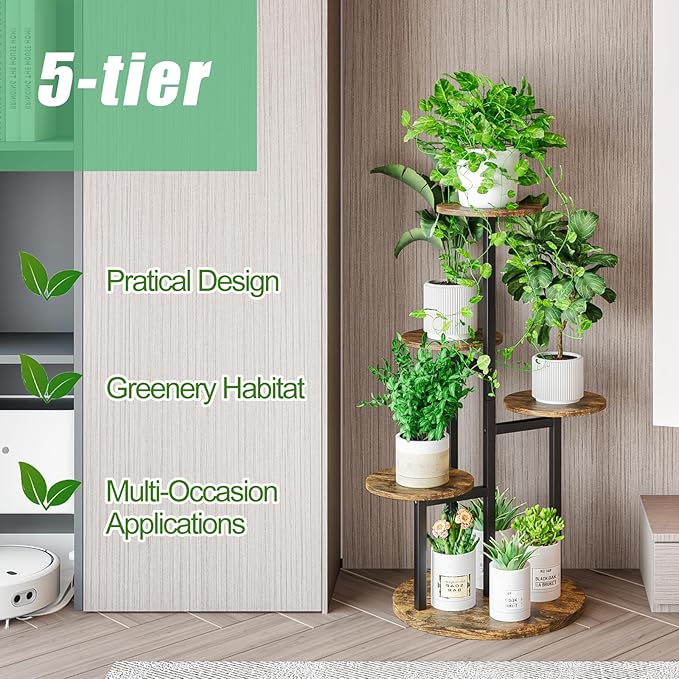 Plant Stand Indoor 5 Tier 8 Potted Multiple Flower Pot Holder for Patio Garden Balcony Living Room Corner (5 Tier Black+Rustic Brown)