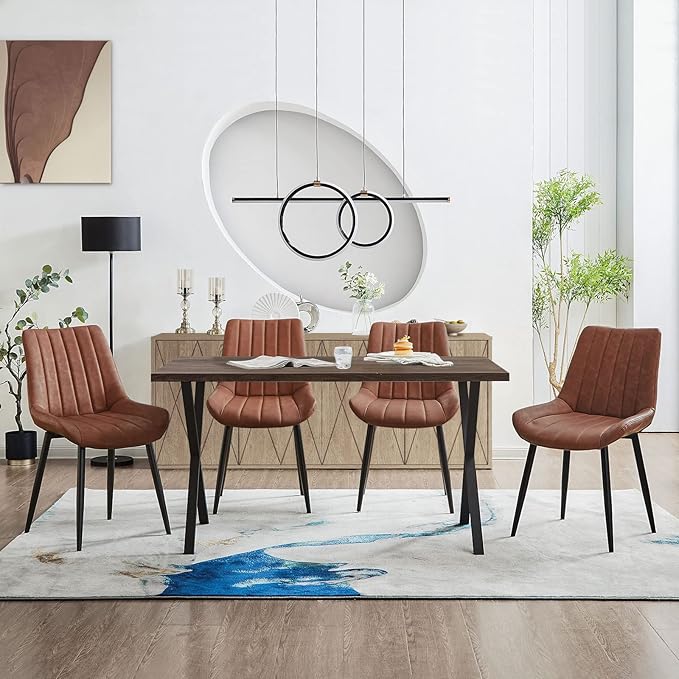 TUKAILAi Faux Leather Dining Chairs Set of 4, Modern Linear Design Kitchen Chairs with Upholstered Seat and Metal Legs, Comfortable Side Chairs for Dining Room Restaurant Commercial (Brown)