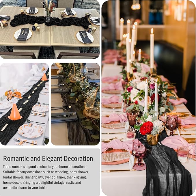 8 Pack 10Ft Black Cheesecloth Table Runner 35x120 Inches Boho Gauze Rustic Cheese Cloth Table Runners, Lightweight Sheer Soft Table Runner for Wedding Bridal Shower Holiday Party Table Decor