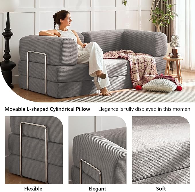 Modern Convertible Lounge Chair, Corduroy Fabric, Square Platform Design with Metal Frame, Floor Sofa Bed with Fixed-Shape Frame,Living Room Seating with Armrest (Grey, 3-Seater Sofa)