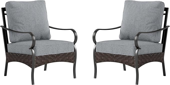 PHI VILLA Outdoor Wicker Chairs Sofa of 2, All Weather High Back Rattan Chairs 2 Seats with Comfy Cushions for Porch Deck