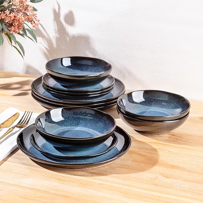 LeRatio Ceramic Dinnerware Sets for 4,Wavy Reactive Glaze Stoneware Plates and Bowls Sets,Highly Scratch Resistant | Dishwasher & Microwave,Oven Safe Dishes Set(12PCS)