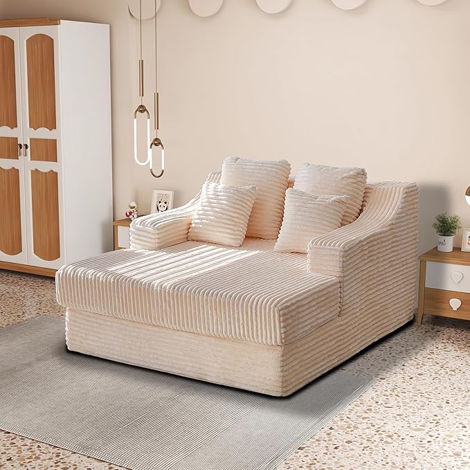 Chaise Lounge Sofa Chair Indoor Cozy Sofa Bed Oversized with Four Pillow Fluffy Upholstered Sleeper Sofa Chair for Living Room Bedroom Office Liesure No Assembly Required（Beige）