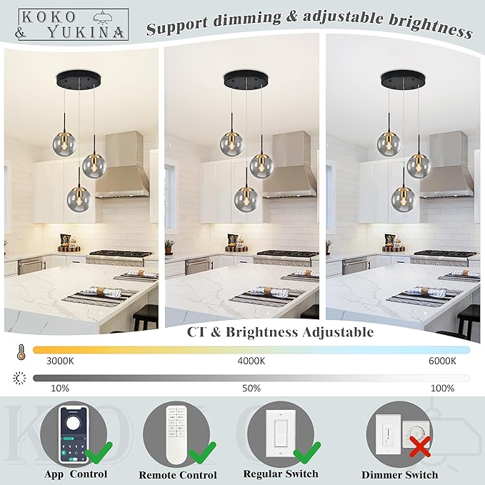 KoKo&Yukina Gold 3-Light Globe Pendant Light Modern Globe Chandelier Light Fixture Hanging Lights Adjustable with Grey Glass Pendant Lights Kitchen Island