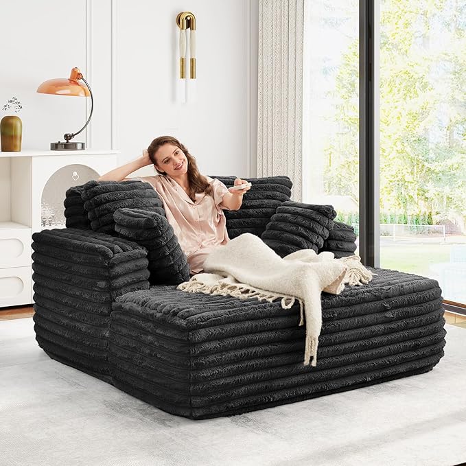 56"W Oversized Chaise Lounge Chair Indoor,Plush Faux Fur Sleeper Sofa Couch Bed with Pillows&Wide Armrest,Fluffy Comfy Cloud Sofa,Compression Foam Boneless Couch for Living Room,Bedroom(Black)