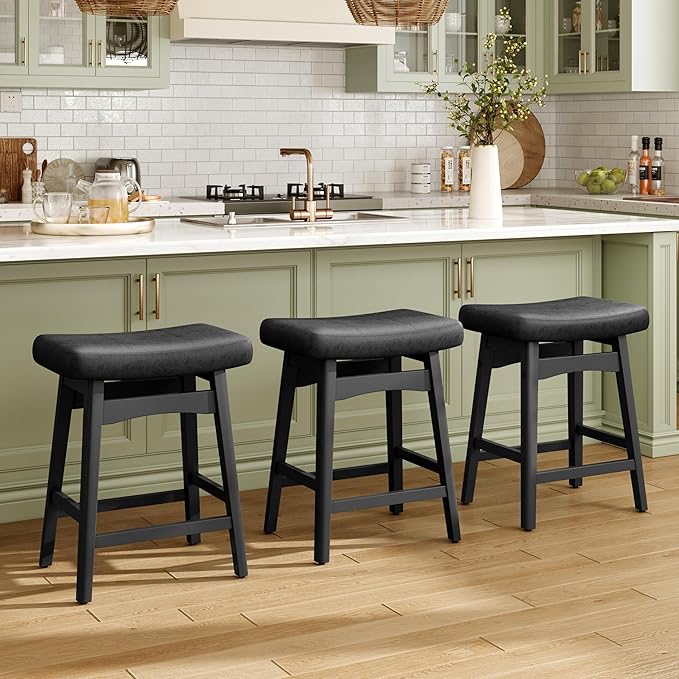 MAISON ARTS Black Counter Height Bar Stools Set of 2 for Kitchen Counter Solid Wood Legs with Faux Leather Saddle Seat Farmhouse Barstools for 34"-38" Counter Island Upholstered Stools, 24in Height