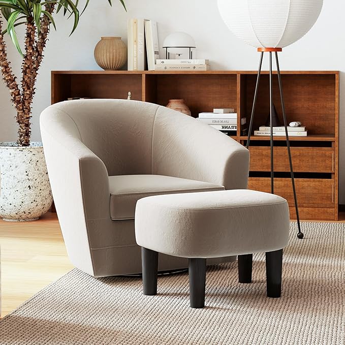 INZOY Swivel Accent Chair with Ottoman for Small Space, 360 Degree Club Chair with Ottoman Set, Comfy Fabric Barrel Reading Chairs for Living Room Bedroom, Beige
