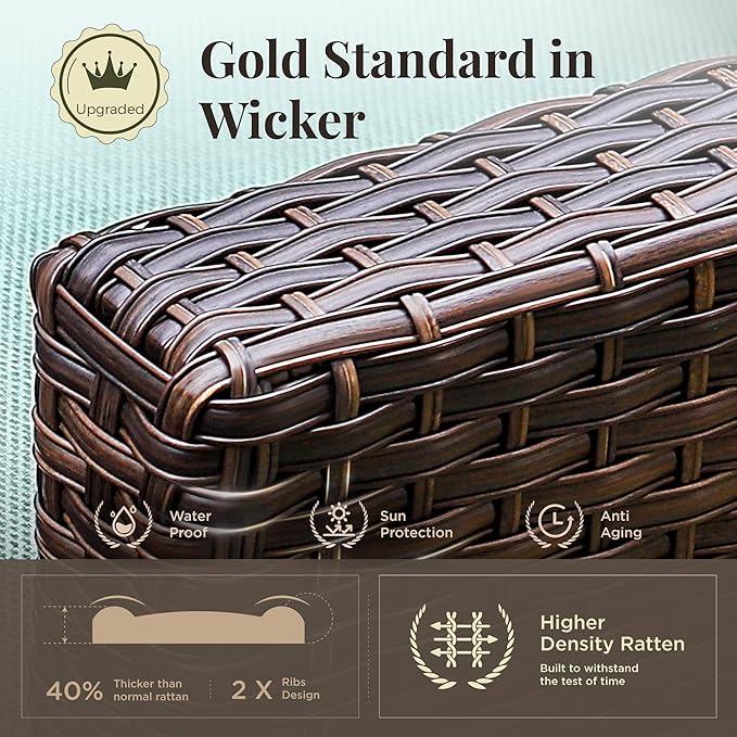 Patio Furniture Set, 5 Pcs Wicker Rattan Outdoor Conversation Set, 2 x Leg Chairs, 1 x 3 Seater Sofa and 2 x Ottoman with 4" Thick Cushion for Garden Backyard Deck, Blue