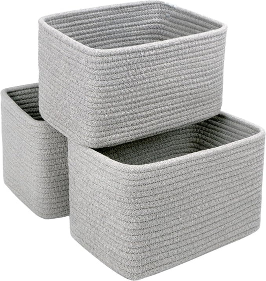 Small Cotton Rope Basket – Storage Bin for Organizing (10.6" x 6.7" x 6.7"), Bathroom Storage Basket for Shelf, Counter & Closet（Grey）