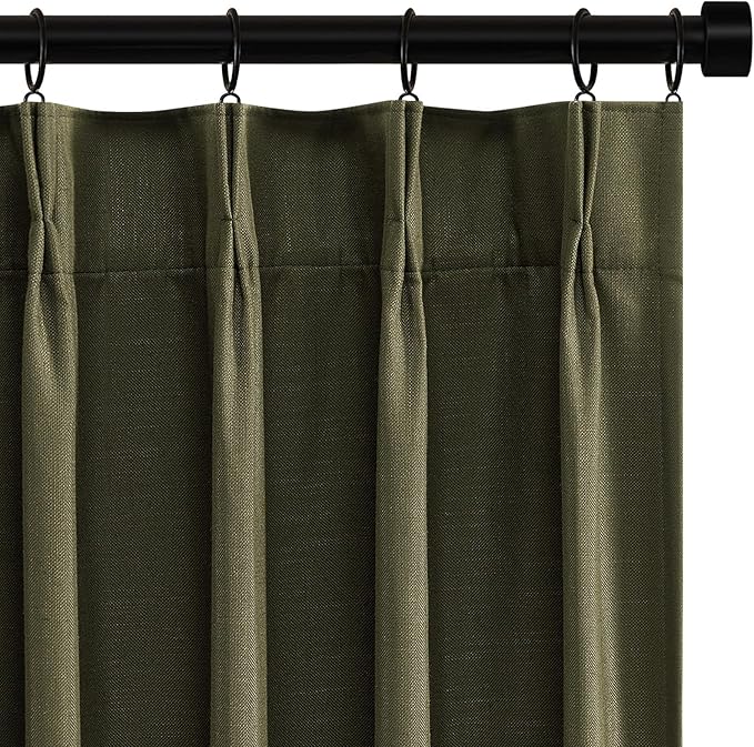 Topfinel Olive Green 102 Inches Long Custom Blackout Linen Curtains, Pinch Pleated Noise Cancelling Curtains with Pin Hooks for Traverse Rods, Viral Drapes 2 Panels for Living Room Master Bedroom