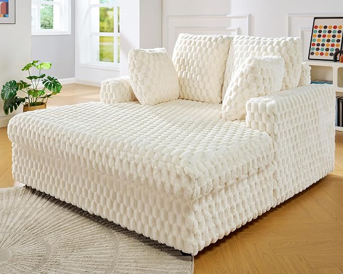 VanAcc 53 Inch Chaise Lounge Indoor, Upholstered Sofa Bed with Throw Pillows and Armrests, Sleeper Bed- Plush Lounge Chair for Living Room, White