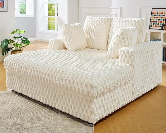 VanAcc 53 Inch Chaise Lounge Indoor, Upholstered Sofa Bed with Throw Pillows and Armrests, Sleeper Bed- Plush Lounge Chair for Living Room, White