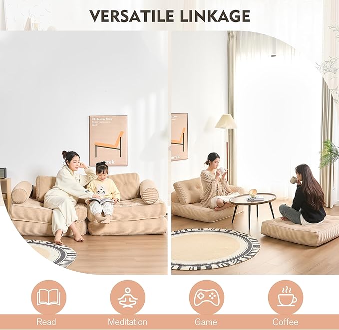 Plus Futon Sofa Bed for Small Spaces, Floor Couch with Armrest, Folding Sofa Couch, Convertible Sleeper Chair Bed with Pillow, Portable Comfy Floor Lounge for Living Room and Bedroom, Camel