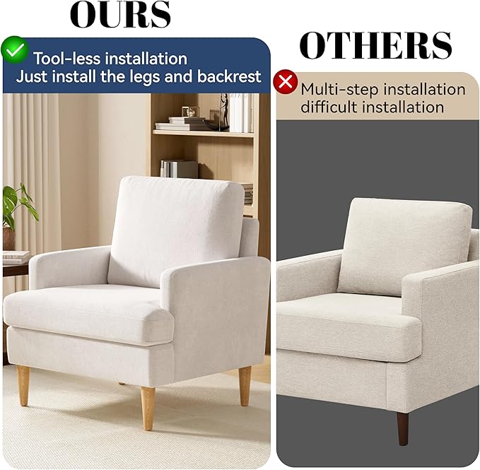 VKNOW Mid-Century Accent Chairs Set of 2, Modern Upholstered Chenille Armchair for Living Room, Comfy Reading Accent Chairs with Wood Legs for Bedroom, Beige