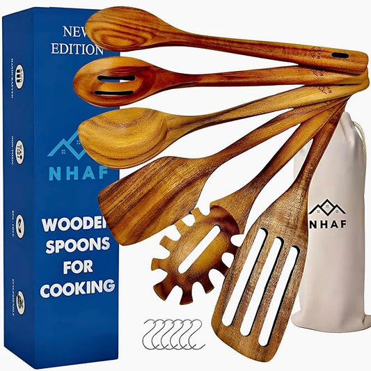 Wooden Utensils for Cooking, Premium Teak Healthy Spoons, Wooden Spoons for Cooking, Durable Eco-Friendly and Safe Teak Cooking Spoon, Cooking Gifts for Mom (set of 6) and Hooks