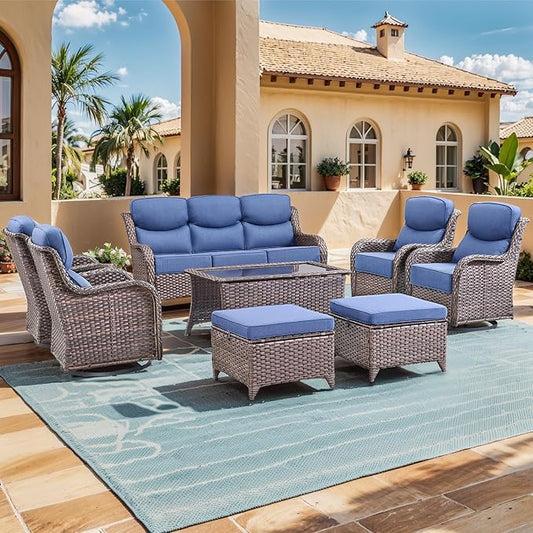 Luxury High Back Outdoor Furniture with 6-inch Extra Thick Cushions, Patio Furniture Set with Swivel Chairs, 8 PCS Wicker Conversation Set for Yard, Deck, Poolside, Brown/Blue