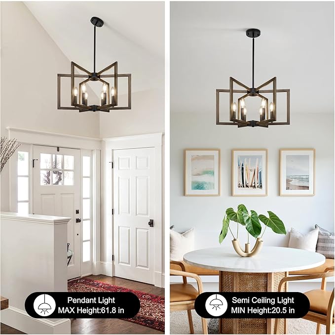 6-Light Kitchen Island Pendant Lights，Modern Farmhouse Kitchen Ideas Light Fixture，Industrial Hanging Chandelier for Dining Room，Wood Grain Finish and Black Chandelier for Foyer