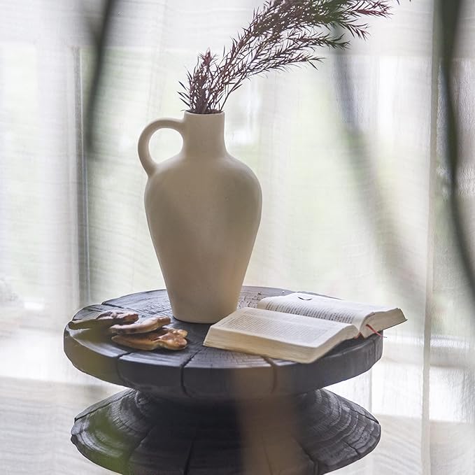 BlossoME Antique Ceramic White Vase for Home Decor, Stoneware Jug for Room Centerpiece, Rustic, Farmhouse and Vintage Pottery Gifts, Matte, with Handle-Height 10”