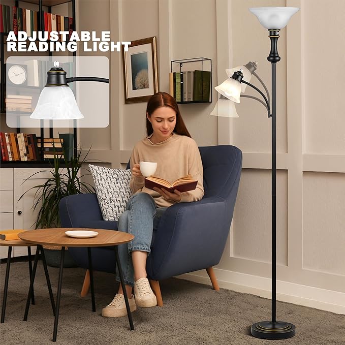 71'' Torchiere Floor Lamp for Bedroom with Glass Shade, Tall Floor Lamps for Living Room with Adjustable Angle Arc Reading Light, Modern Standing Light, Knob Switch, Bulb Included, Black