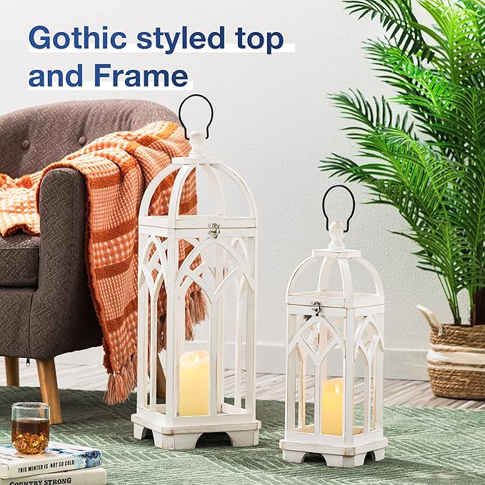 Glitzhome Farmhouse Decorative Lanterns Wooden Candle Lantern Church Window Frame Lanterns for Wedding Mantle Entryway Home Patio Balcony Garden, Pack of 2, Wash White, No Glass