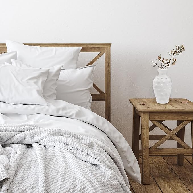 AuldHome Vintage White Hobnail Ceramic Vase, 11 inches tall, 5.4 inch diameter