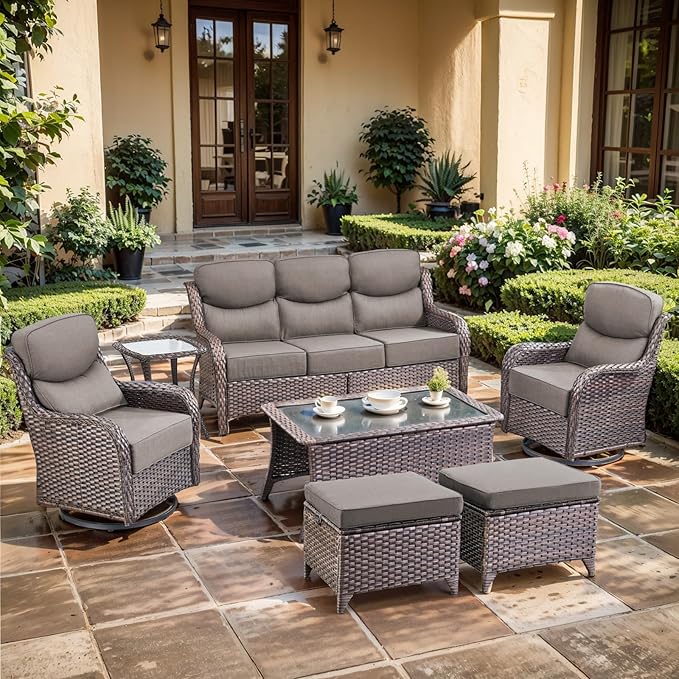 Luxury High Back Outdoor Furniture with 6-inch Extra Thick Cushions, Patio Furniture Set with Swivel Chairs, 7 PCS Wicker Conversation Set for Yard, Deck, Poolside, Brown/Grey