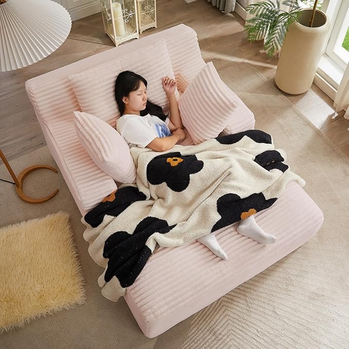 Oversized Chaise Lounge, Corduroy Sofa Bed Chair Indoor with Throw Pillows, Cozy Cloud Couch, Upholstered Sleeper Sofa Couch for Living Room, Bedroom, Apartment, Light Gray