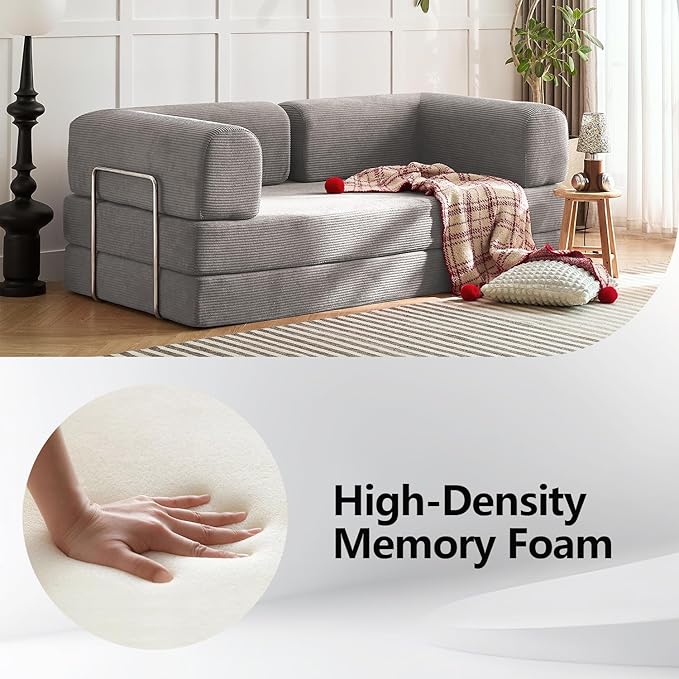 Modern Convertible Lounge Chair, Corduroy Fabric, Square Platform Design with Metal Frame, Floor Sofa Bed with Fixed-Shape Frame,Living Room Seating with Armrest (Grey, 2-Seater Sofa)