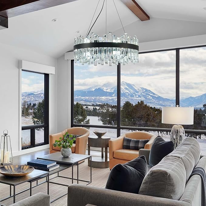 Round Crystal Chandeliers, D23.6 inch 12-Light Black Chandelier Lighting Fixture, Height Adjustable Pendant Ceiling Light for Living Room Dining Room Bedroom