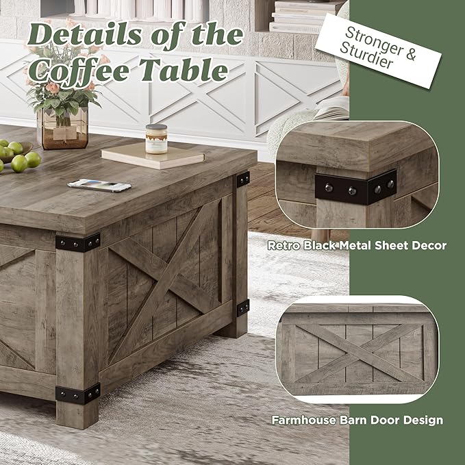 EnHomee Lift Top Coffee Table with Storage, 36" Farmhouse Coffee Tables for Living Room, Square Coffee Table with Large Hidden Space, for Living Room, Bedroom, Home Office, Oak Grey