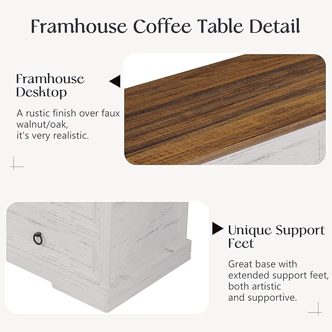 Coffee Table with Storage, 47.2 in Farmhouse Wooden Center Table with 4 Drawers for Living Room, Antique White Walnut, Easy Assembly Rectangle Home Office Tea Accent Table for Apartment