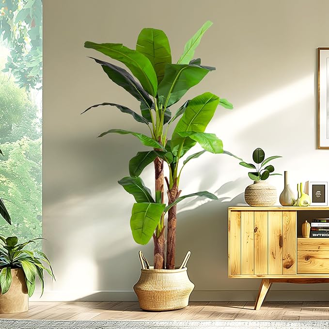 7.2FT Artificial Banana Tree Tall Fake Banana Leaf Plant Faux Banana Silk Tree Faux Banana Leaves for Home Swimming Pool Indoor Outdoor Patio Tropical Decor