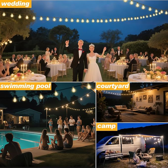 100 FT Commercial Grade Outdoor String Lights with 52 Shatterproof Waterproof LED Edison Bulbs Hanging Lights for Wedding Party Cafe