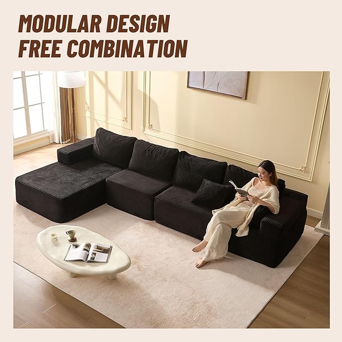 138" Boneless Couch with Deep Seat, Modular Sectional Sofa, Cloud Sectional Couch for Living Room, No Assembly Required, Corduroy, 4 Seater L-Shape Left, Black