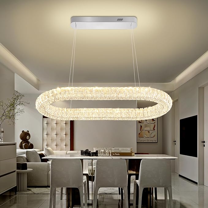 Oval Crystal Chandelier, 31.5'' Chrome Crystal Ring Pendant Light for Kitchen Island Modern Linear Oval Chandeliers for Dining Room Dimmable 3000K-6000K