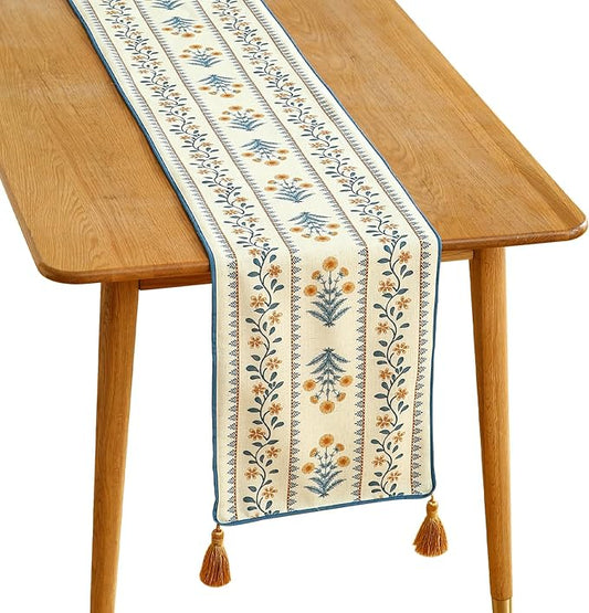 ISAENNE Designer Pale Yellow Elegant Linen Table Runner 71 Inches Long,French Floral Pattern Elegant Table Runners for Dining Tables,Thanksgiving,Kitchen Tables,Christmas,12"*71"-Estevan A