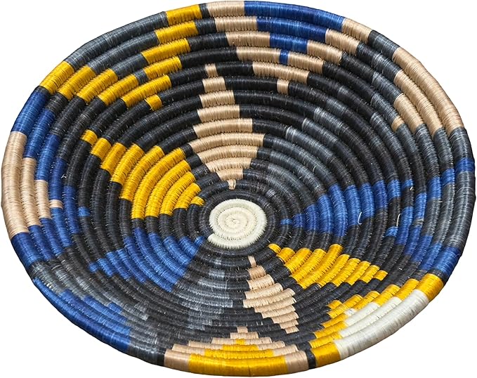 Handwoven African Basket Handmade sisal Fruit Bowl Wall Hanging decorative Baskets for Home Living Room Kitchen Centerpiece Zen Designs Arts and Crafts (Yellow Charcoal Grey Blue, 10in diameter)