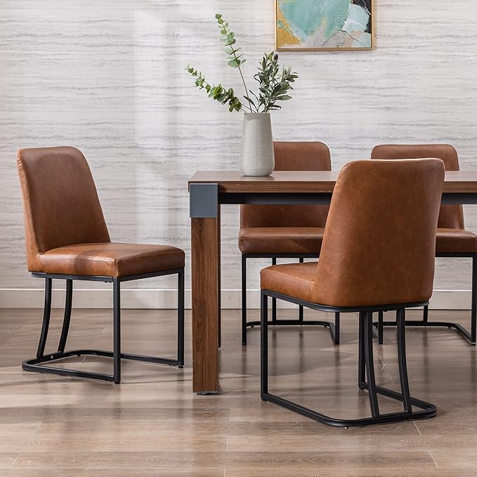 VESCASA Faux Leather Upholstered Dining Chairs with Back, Mid Century Modern Chairs with Black Metal Frame for Dining Room, Restaurant, Kitchen, Set of 6, Brown