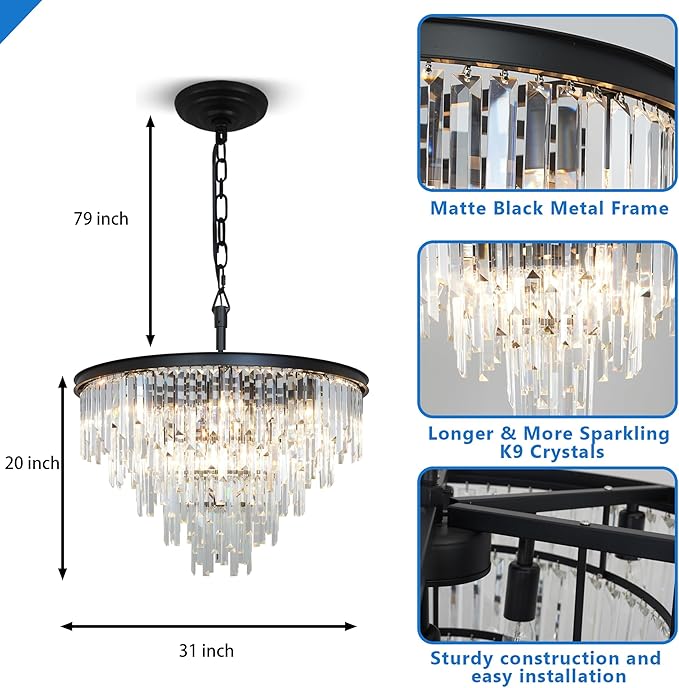 31'' Modern Crystal Chandelier, Black Round Ceiling Light with Clear Prisms, Luxury Flush Mount Lighting Fixture for Dining Room Bedroom Foyer