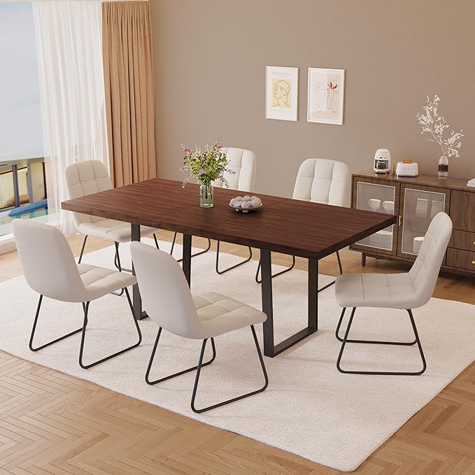 ZckyCine 79" Expandable Walnut Dining Table with 6 PU Leather Chairs, 7-Piece Modern Dining Set, Sturdy Metal Legs, Adjustable 63"-79" Rectangle Table for Kitchen & Dining Room