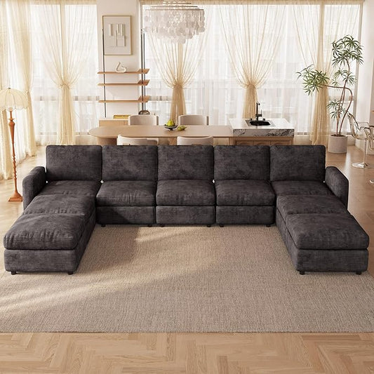 9-Seat Modular Sectional Sofa with 4 Storage Ottomans, Oversized Deep L-Shaped Couch for Living Room, Grey Velvet Modern Family Sofa Set, Extra Comfy Loveseat Sleeper Bed with Flexible Layout
