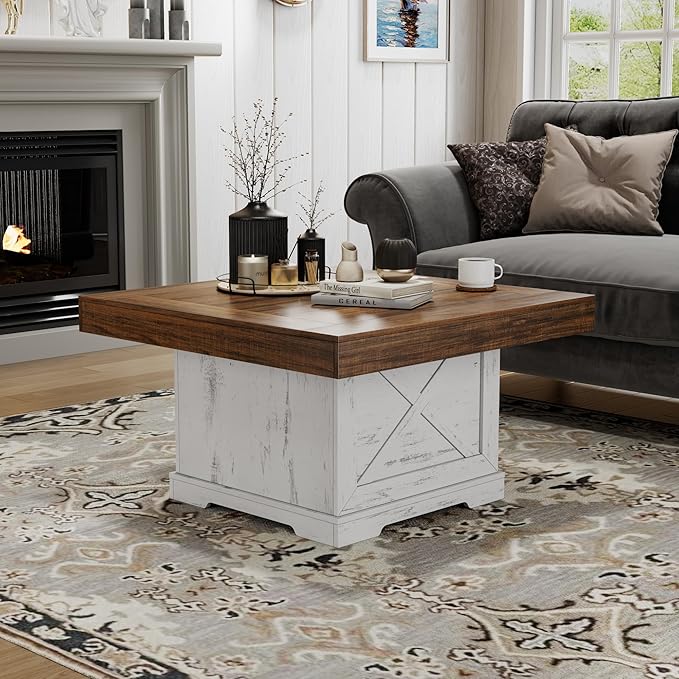 Coffee Table 31.5 in Farmhouse Center Table with X Design Wooden Pedestal for Living Room, Easy Assembly Small Square Home Office Tea Accent Table for Dining Room Apartment, Antique White