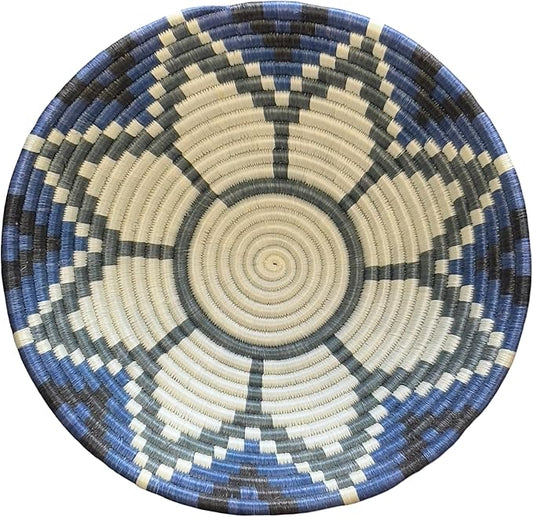 Handwoven African Basket Handmade sisal Fruit Bowl Wall Hanging decorative Baskets for Home Living Room Kitchen Centerpiece Zen Designs Arts and Crafts (Royal Blue Floral, 12in diameter)